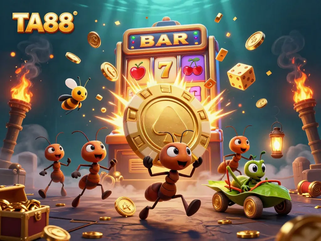 TA88 casino scene depicting a cartoon heist with ants, vibrant slot machine explosion, and golden elements