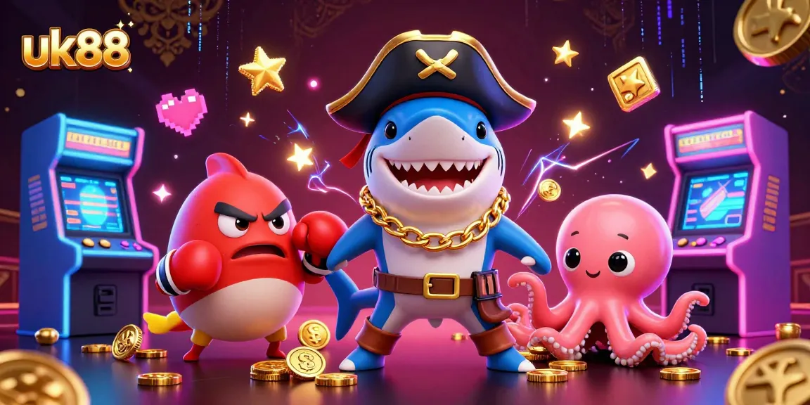 uk88 offers exciting gameplay with a dynamic scene featuring a playful pirate shark, pufferfish, and octopus.