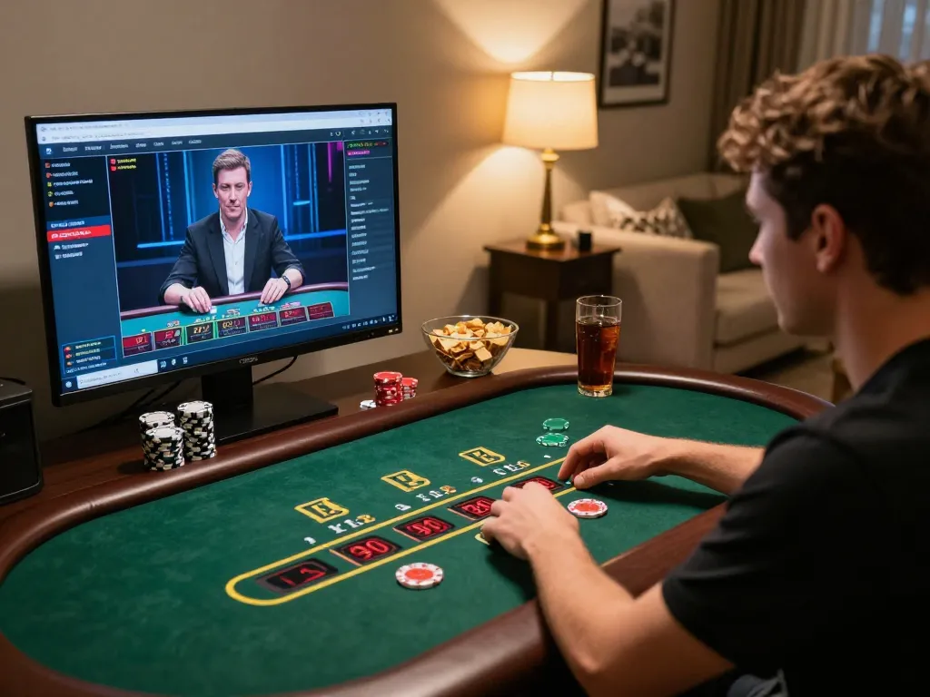 Link vào Xo88 captures a player engaged in live dealer blackjack from home