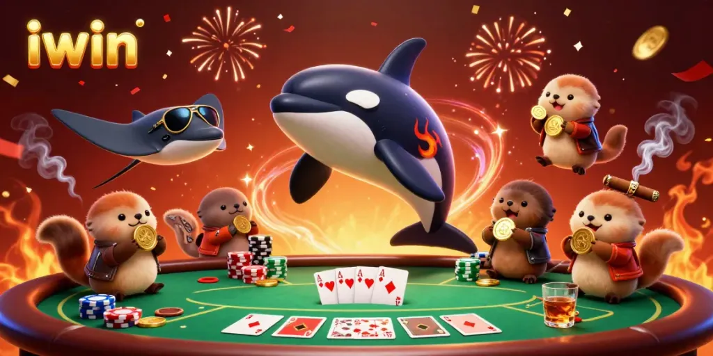 Join the fun with iwin in this exciting 3D scene where a biker orca, an aviator stingray, and sea otters celebrate with poker elements.
