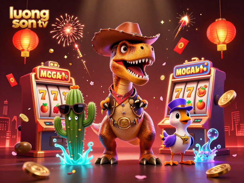 Experience the excitement of luong son tv with captivating slot machines and cartoon characters in a vibrant casino scene.