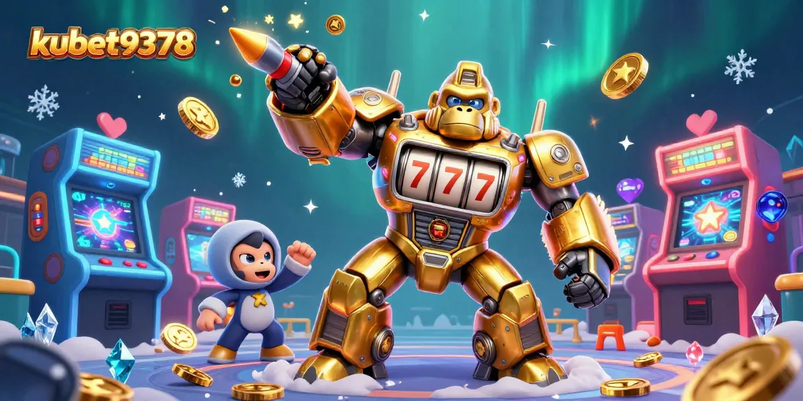 Engage with kubet9378's thrilling slot game illustrated by a 3D golden gorilla mech surrounded by arcade elements.