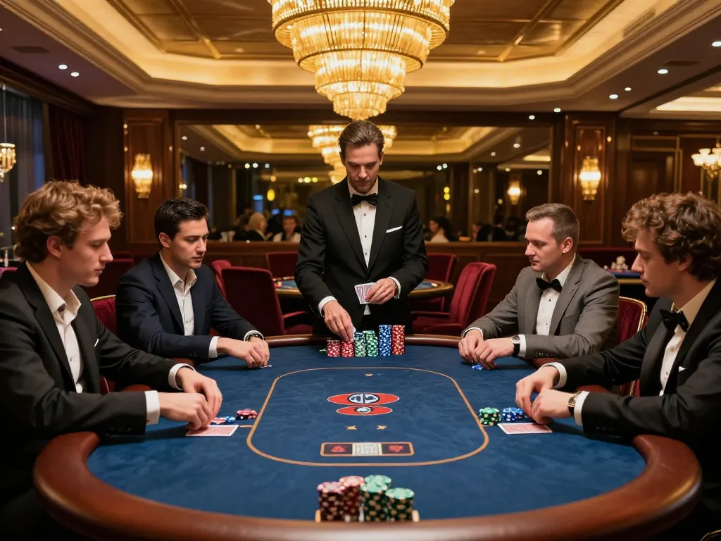 Experience strategic play at new88blog's exclusive poker table in a glamorous casino setting.