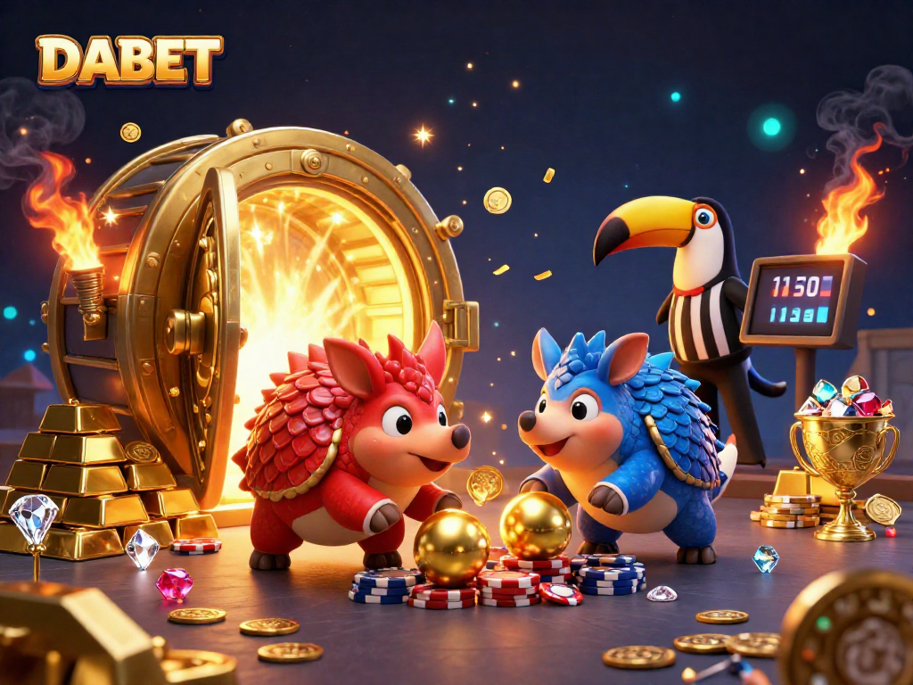 DABET pangolins compete in a vibrant casino scene with poker chips and golden treasures, showcasing excitement.