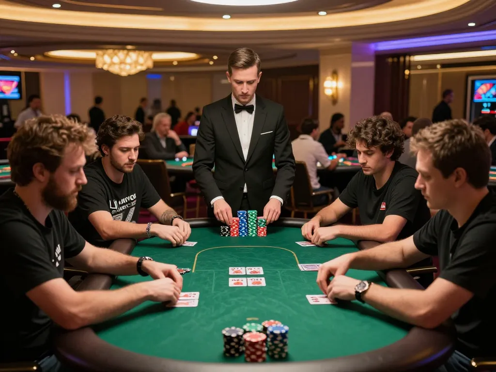 Engaged players at vin88 poker table during an intense game, chips and cards in action.