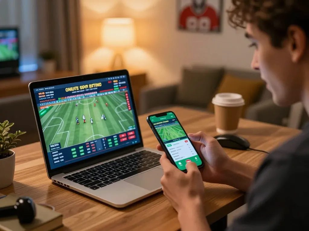 Cakhia TV user excitedly places sports bets on smartphone in a cozy home office setting