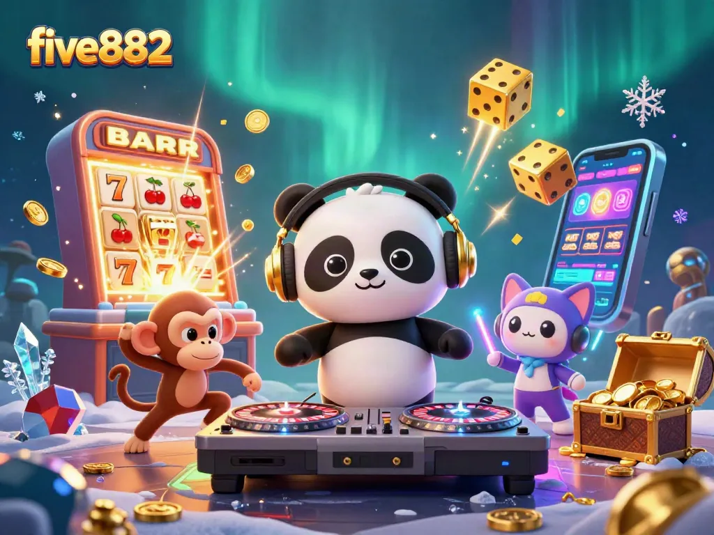 Experience the excitement of five882 with a vibrant 3D casino scene featuring lively characters and dazzling slot elements.