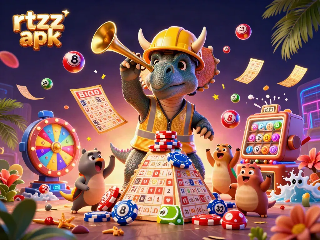 Cherish the excitement of RTZZ APK with a vibrant scene where a triceratops builds poker chip pyramids, surrounded by dynamic game elements.