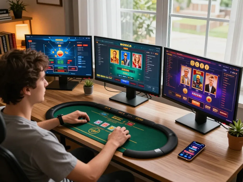 Engaging online gaming setup at mm88.com showcasing a person focused on casino games.