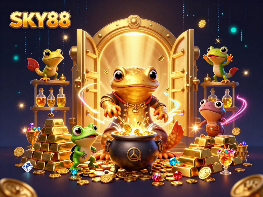 Experience the thrill of SKY88 with a vibrant 3D illustration showcasing exciting gaming elements and gold treasures.