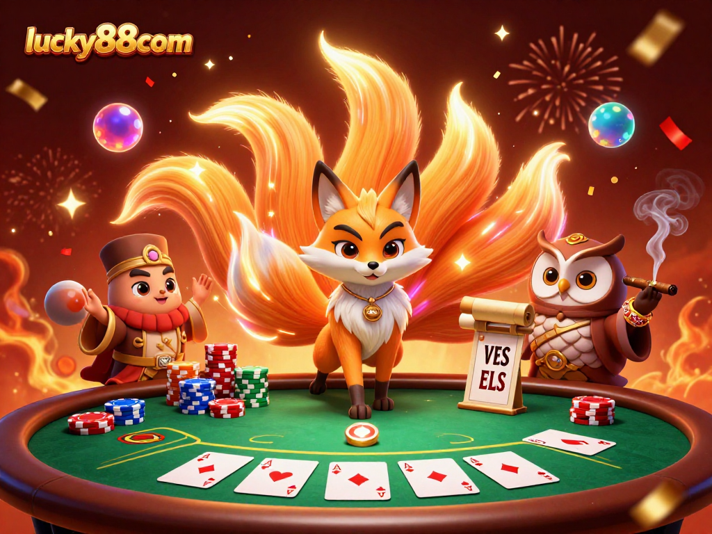 Engage with lucky88com’s vibrant online poker scene featuring a nine-tailed fox and wise owl.