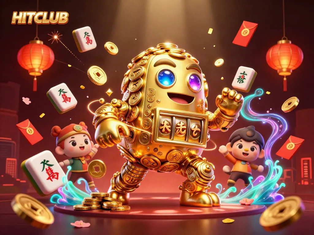Engage with HITCLUB's exciting 3D illustrations featuring a dynamic golden golem amidst a vibrant casino atmosphere.