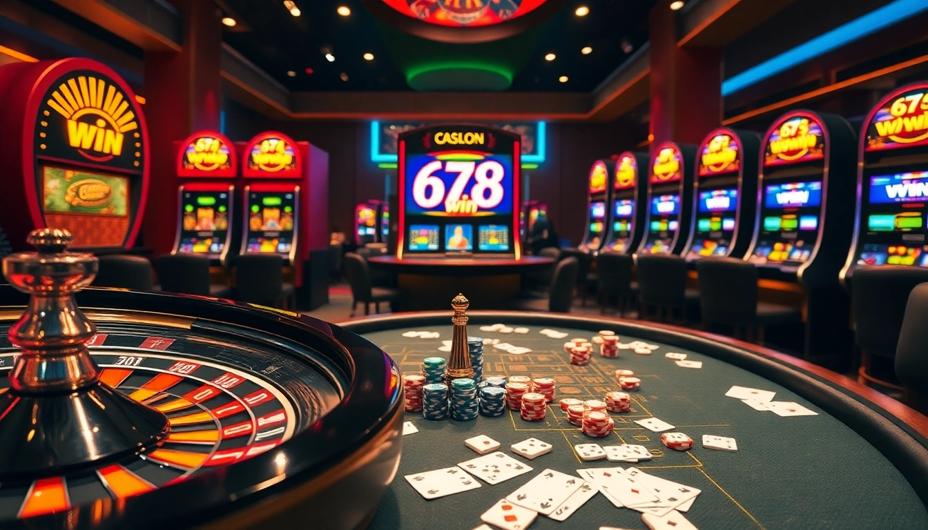 Winning strategy at 678 win casino with roulette and poker tables in a luxurious setting.