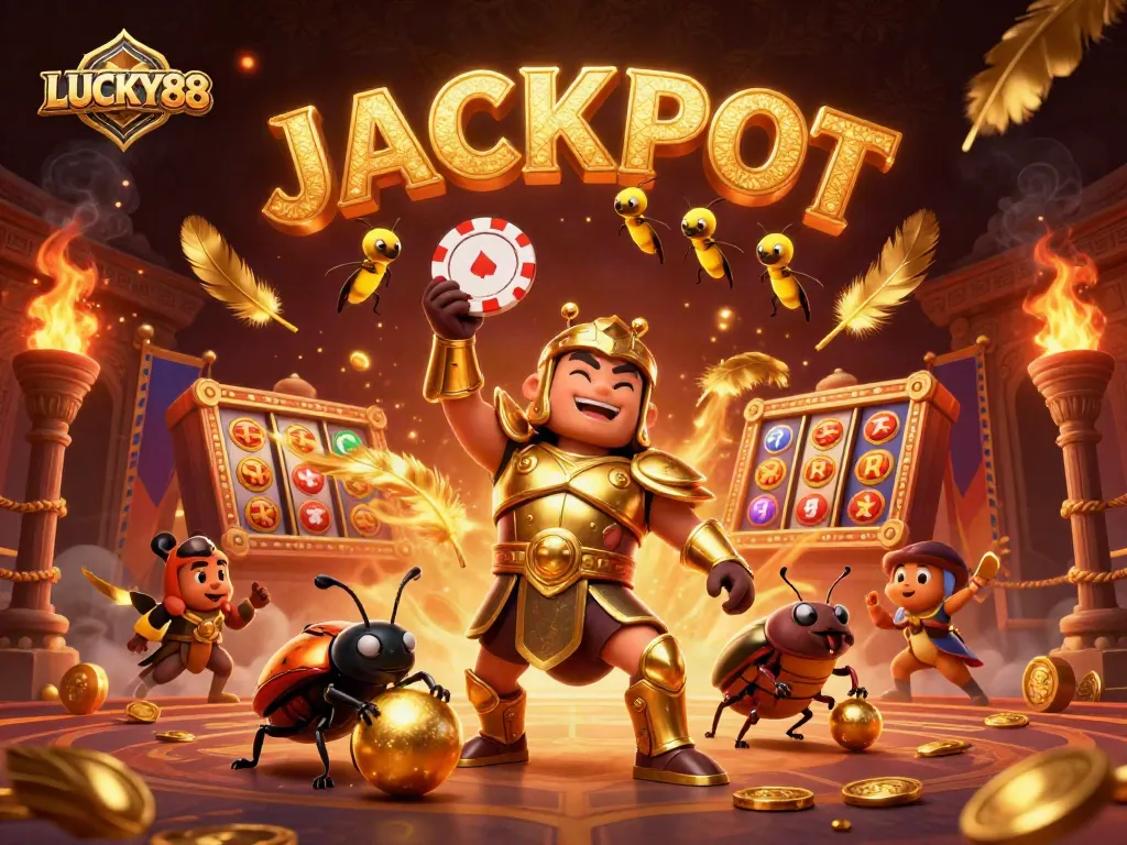 LUCKY88 brings excitement with a heroic beetle and dazzling jackpot display in a vibrant casino scene.