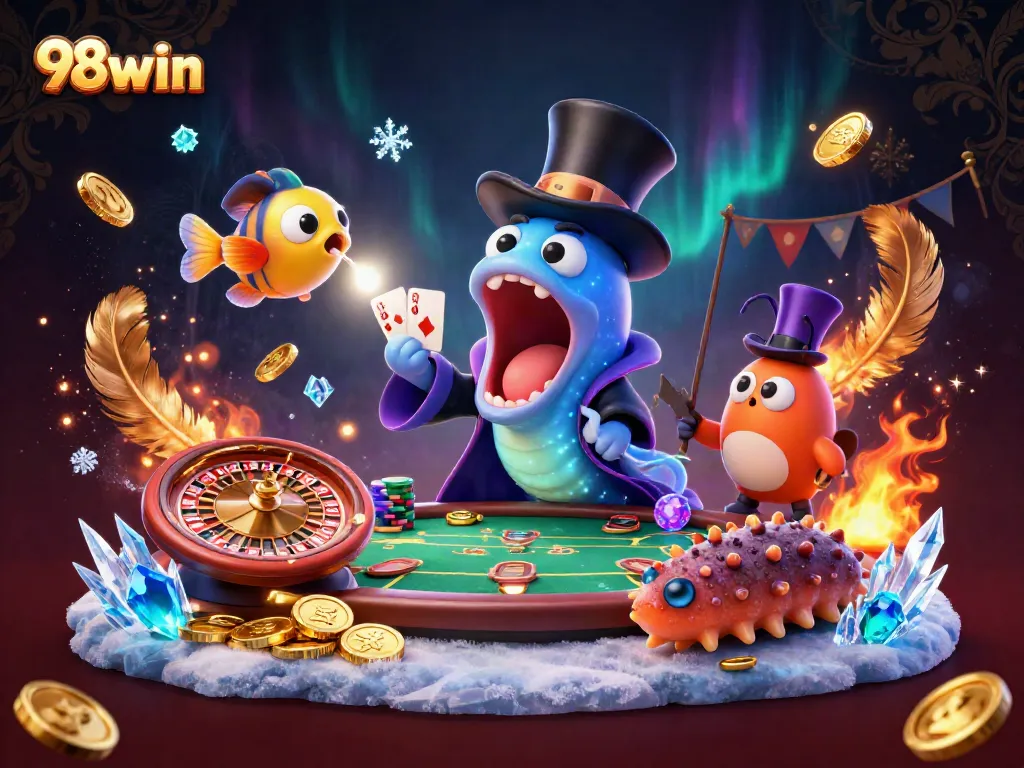 Experience thrilling card tricks and casino magic with the 98win team of colorful sea creatures.