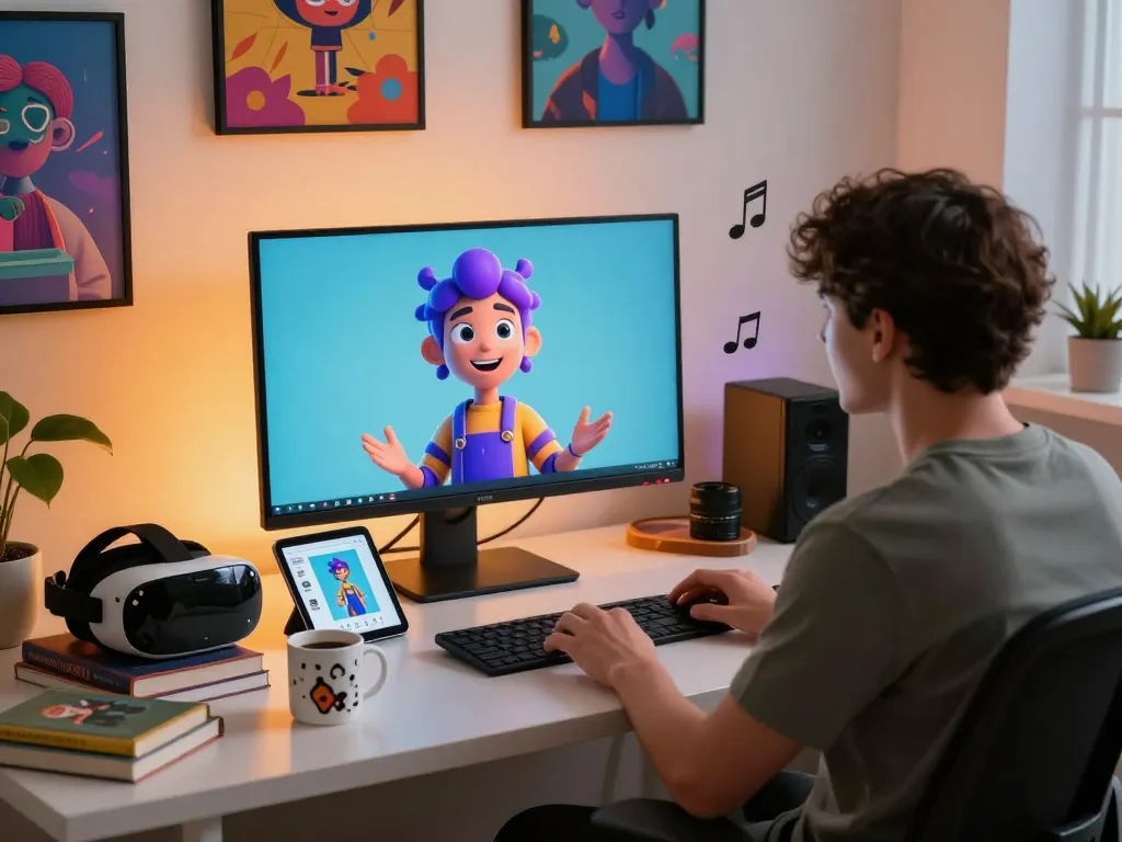 Engaging with CrushOn AI, a vibrant animated character in a cozy digital workspace, highlighting creative AI interactions.