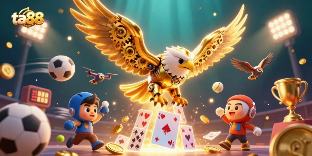 Experience thrilling gambling action with ta88; a vibrant scene of a cybernetic eagle surrounded by sports elements.
