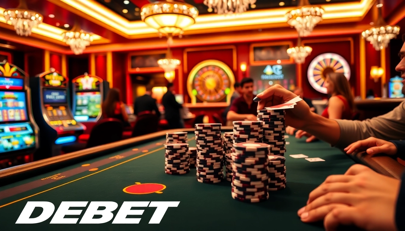 Players strategizing at a poker table in a luxurious casino environment themed around DEBET.