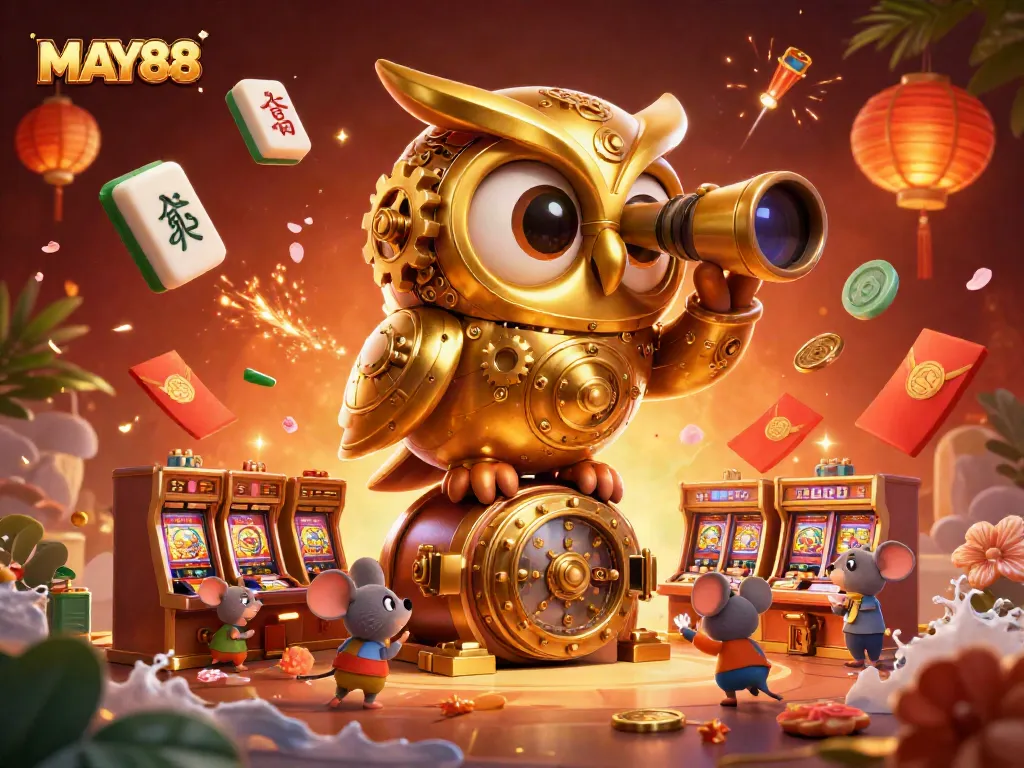 MAY88 introduces a vibrant 3D casino scene featuring golden owl and wind-up mice amidst slot machines, creating an engaging gambling atmosphere.