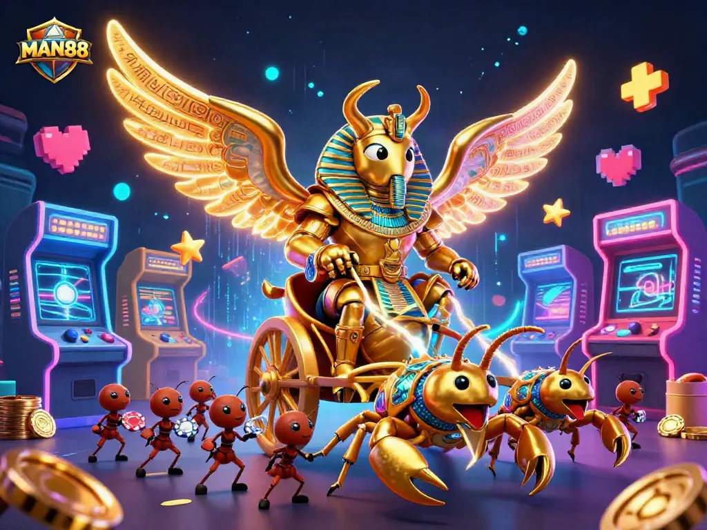 MAN88 offers thrilling gaming action with a golden scarab beetle leading a high-stakes casino adventure.