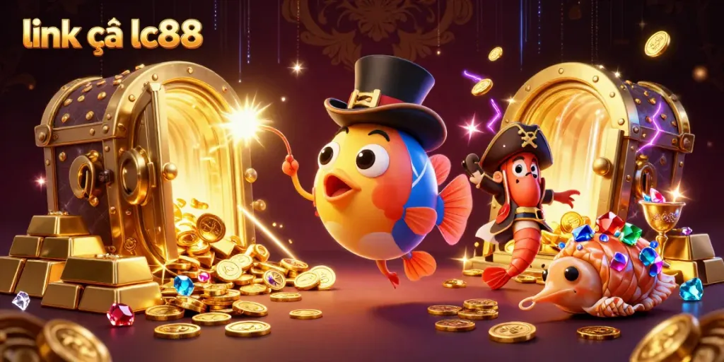 Engage in thrilling gameplay with link vào lc88, illustrated through vibrant sea characters amidst treasure riches.