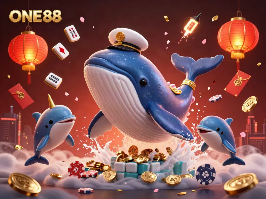 ONE88 reveals a vibrant casino world with a massive whale amidst coins and playful dolphins.