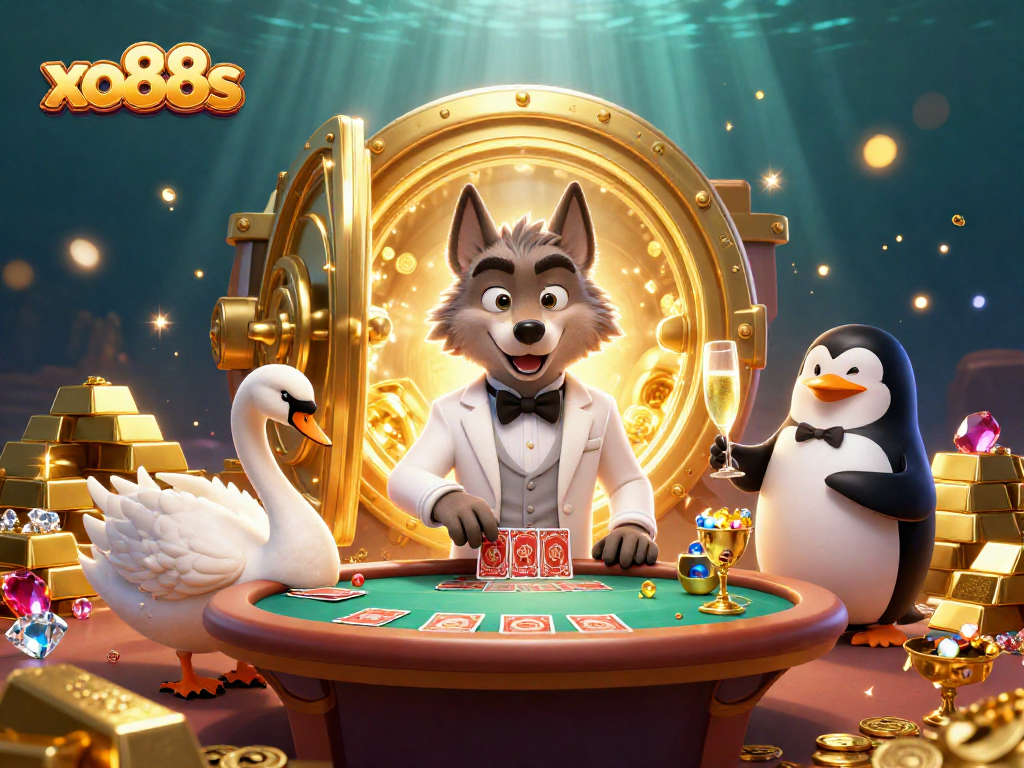 Experience excitement at xo88s with a debonair wolf and elegant swan in a lavish casino scene.