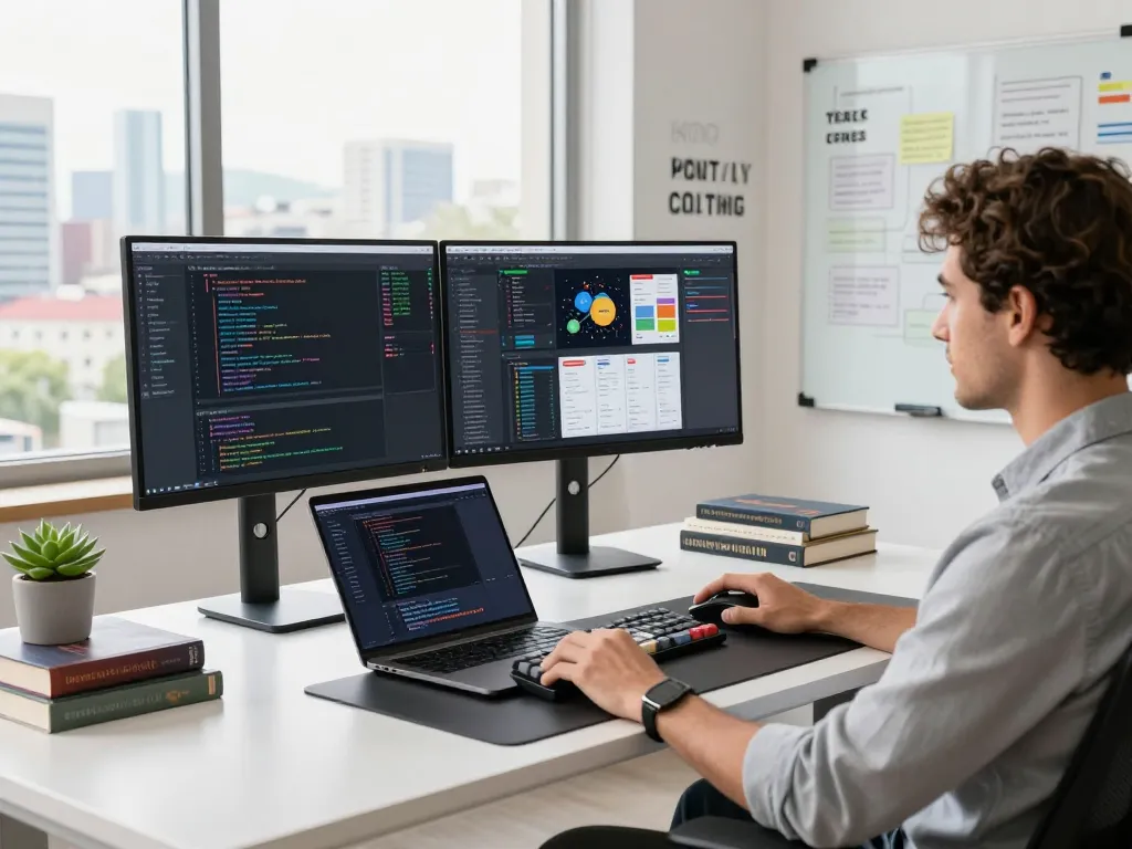 Software engineer working at https://thscrore.com/ in a modern workspace, displaying code on dual monitors with natural light.