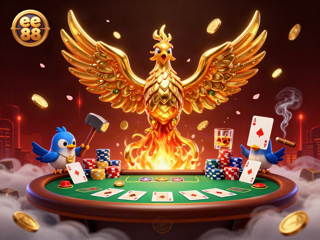 Experience exciting gameplay at ee88 casino with a dynamic phoenix and poker elements in an immersive scene.