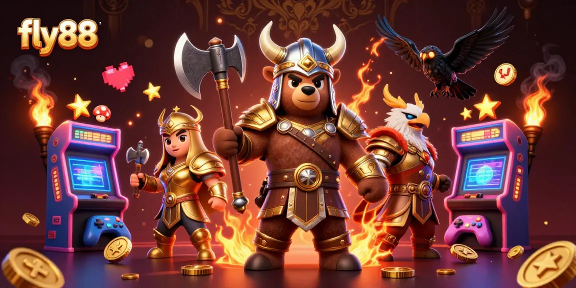 Engage with fly88's thrilling online casino via a vibrant, 3D illustrated adventure.