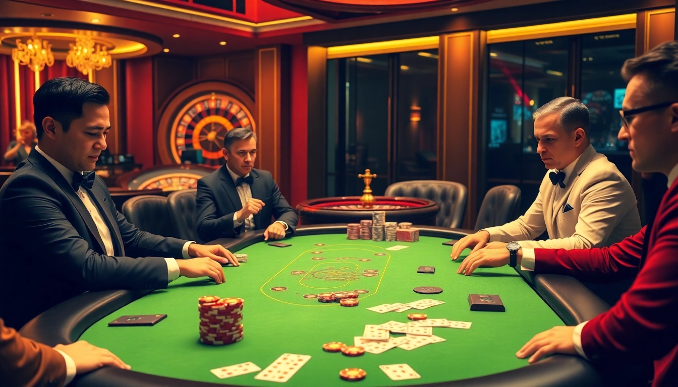 Jun88 poker players engaging at a luxurious table with vibrant cards and chips.