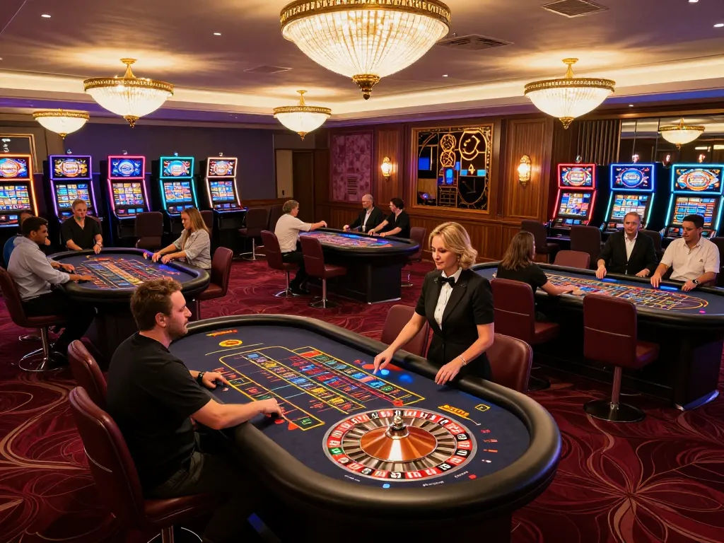 Experience winning strategies at site australia on a vibrant casino floor with players at roulette tables.