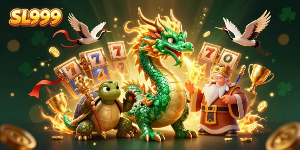 Unleash thrilling adventures in SL999 with a dragon and turtle amidst magical slot game elements.