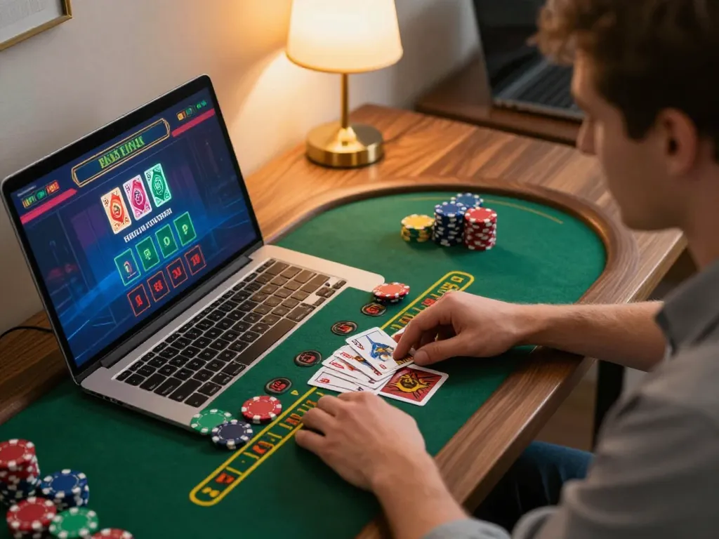 90P players enjoying live dealer blackjack online in a cozy gaming setup with strategic focus.