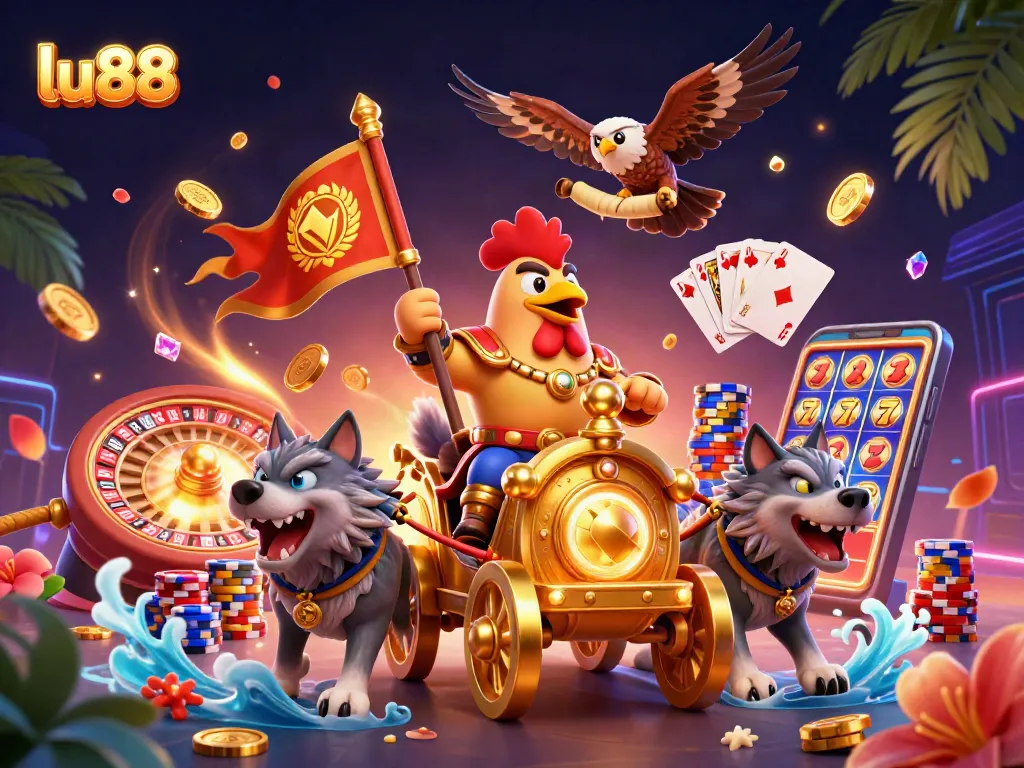 Experience the thrill of the lu88 casino with dynamic action, golden coins, and 3D characters in an immersive scene.