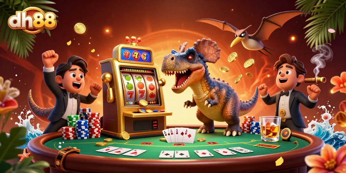 dh88 offers a vibrant casino scene where a pachycephalosaurus triggers a jackpot while an ankylosaur scrambles for coins.