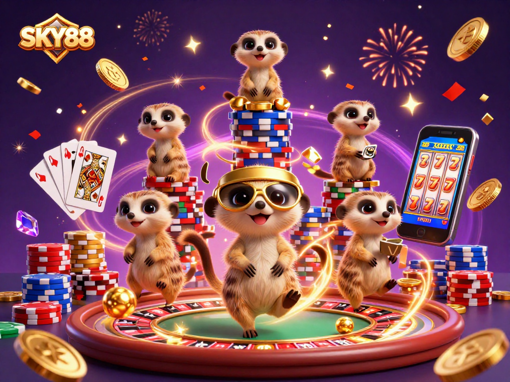 Experience thrilling gameplay with SKY88's vibrant casino scene featuring magic meerkats.