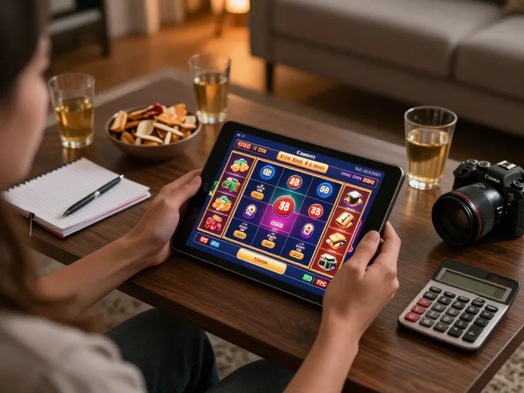 Playing bet 88 on a tablet during a cozy home gaming session, showcasing strategic planning.