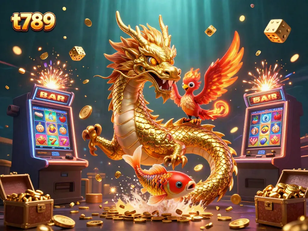 Experience thrilling gameplay with t789 featuring a golden dragon, phoenix, and coins in a vibrant casino scene.