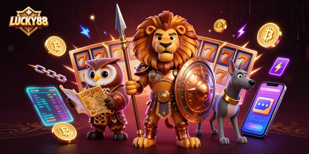 Engage in gaming action with LUCKY88's dynamic 3D illustration featuring heroic characters and slot game elements.