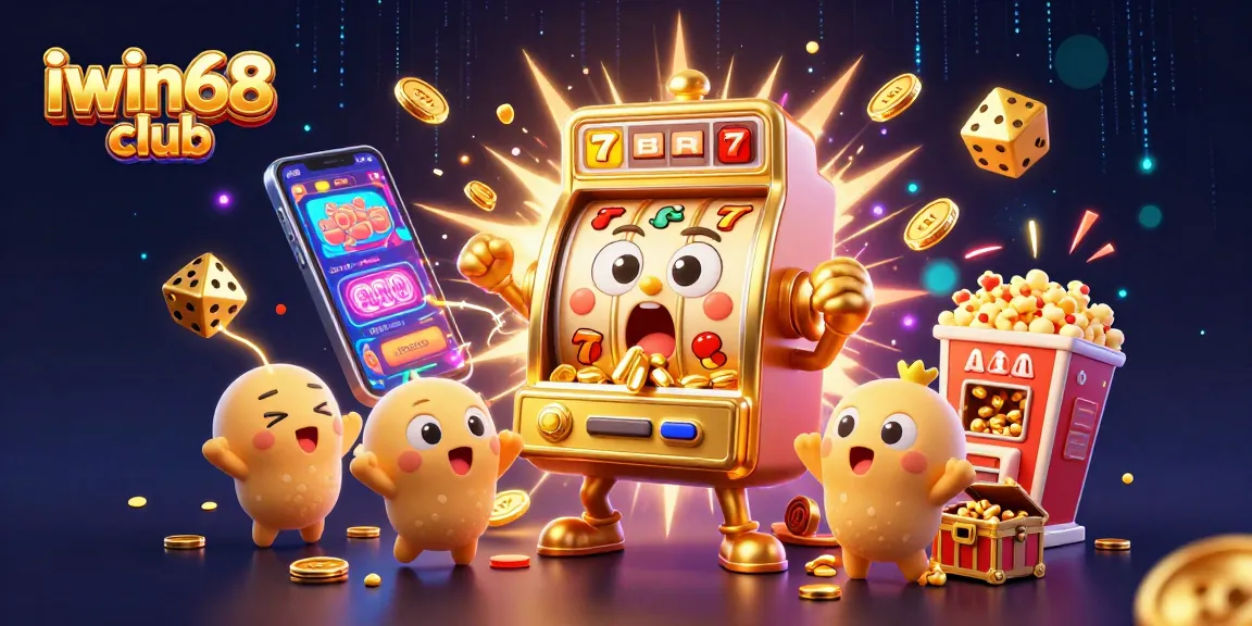 Experience the excitement at iwin68 club with a jackpot-spilling slot machine in a vibrant casino illustration.