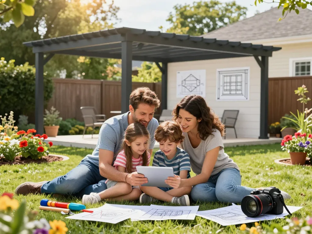 Family collaborating on a design using a 3D Pergola Configurator in their backyard garden.