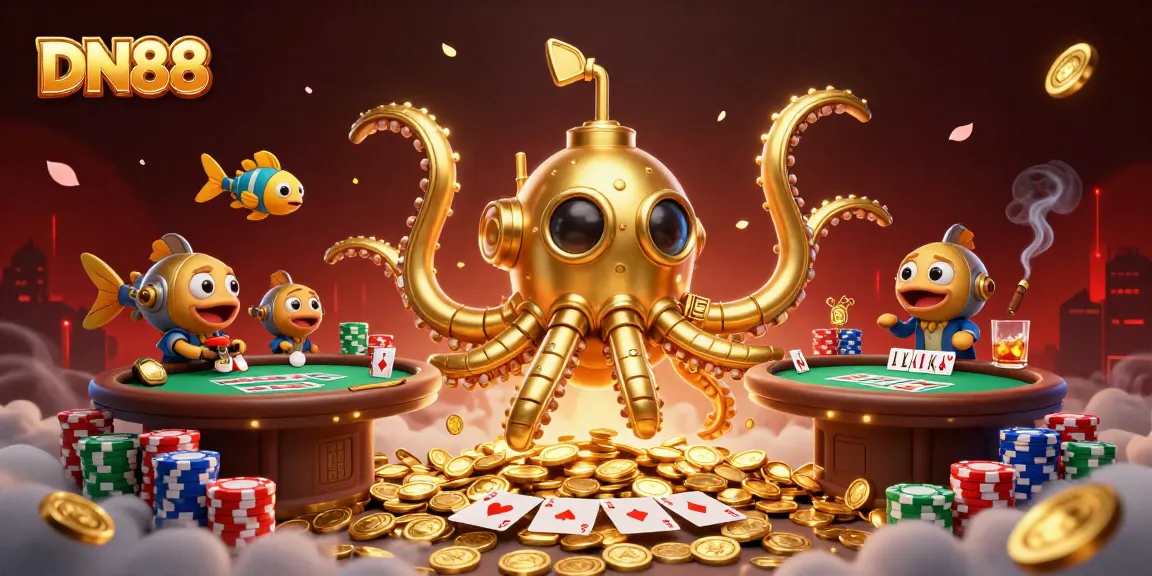 Experience thrilling gaming action at DN88 with golden kraken submarine amidst casino elements.