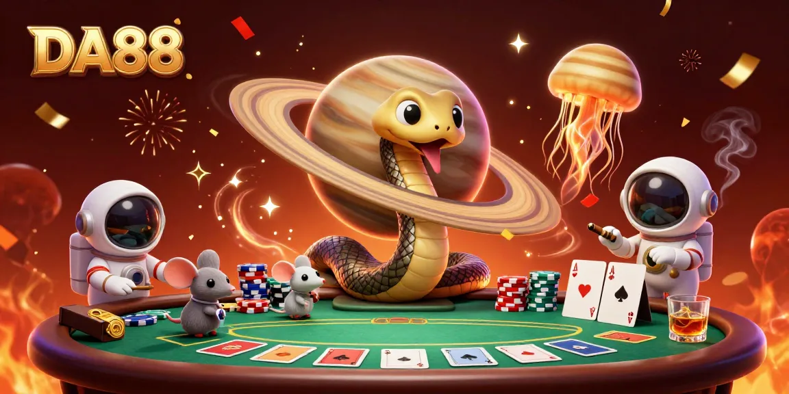 Experience thrilling betting action at DA88 with cartoon characters and casino elements in a vibrant cosmic scene.