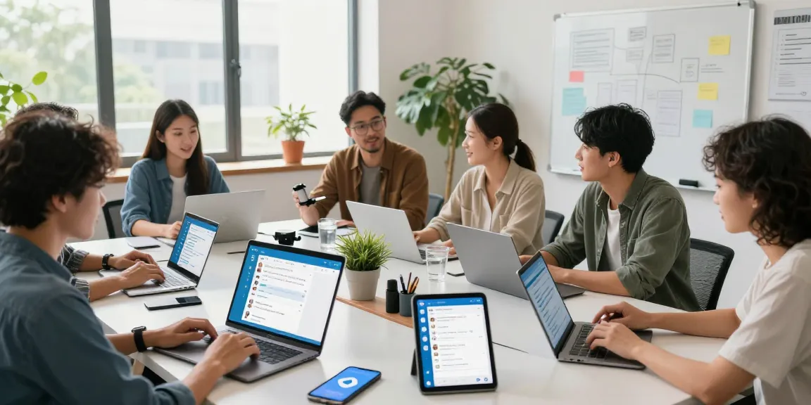 Engaged team members using Telegram download features in a modern office environment.