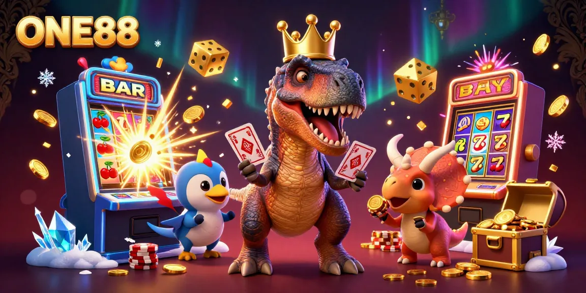 ONE88 offers vibrant 3D cartoon illustration with T-Rex, pterodactyl, and triceratops in a dynamic casino scene.