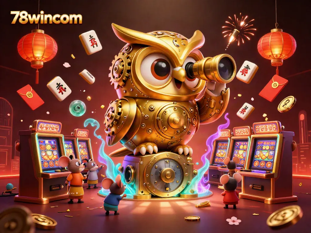 Experience fun at 78wincom with a whimsical owl and mouse patrons in a vibrant casino atmosphere.