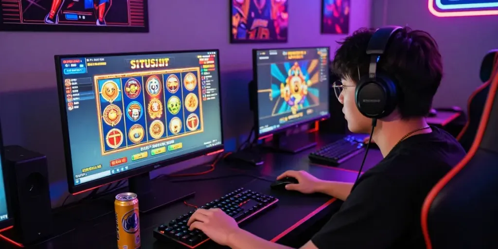 Slot game pemain aktif pada situs slot dengan grafis menarik dan setup gaming yang menyala.