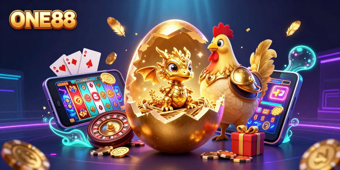 ONE88 showcases a golden dragon and hen protecting poker chips amidst vibrant casino imagery.