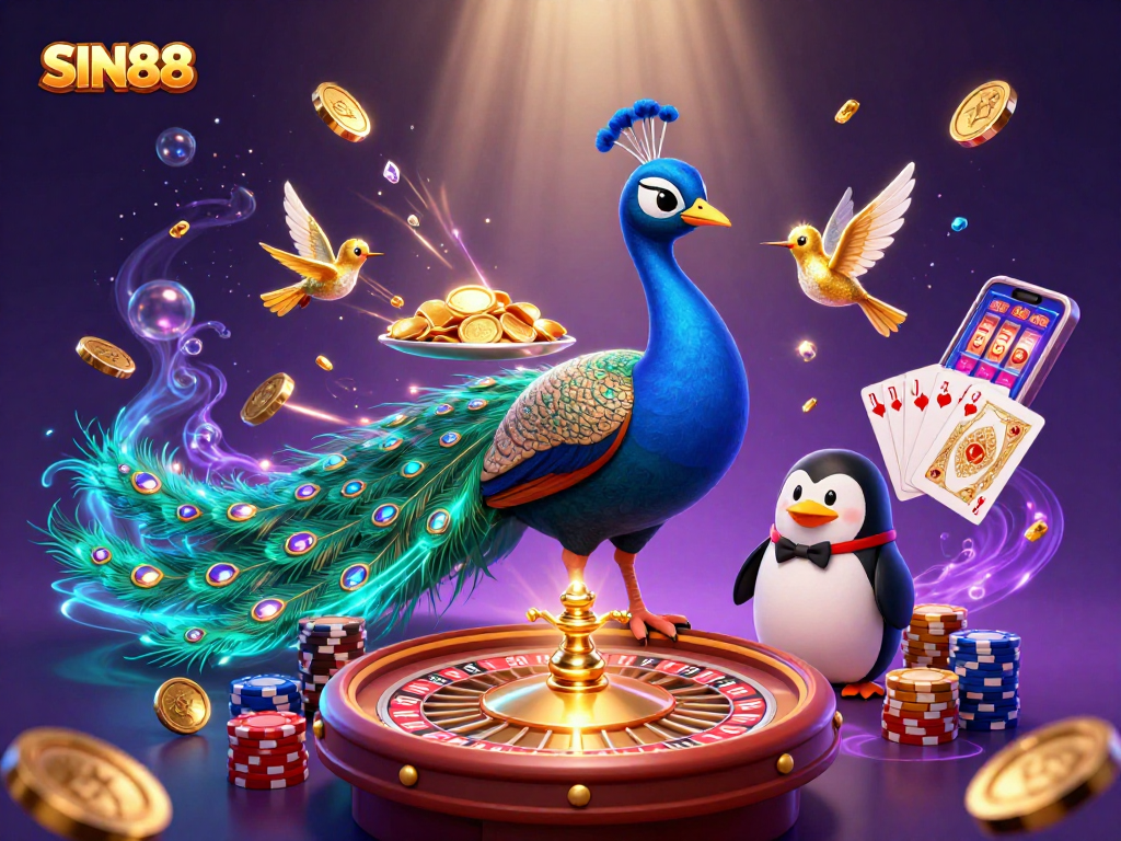 SIN88 showcases a vibrant casino scene with a peacock, chips, and festive elements blurring the lines of luck